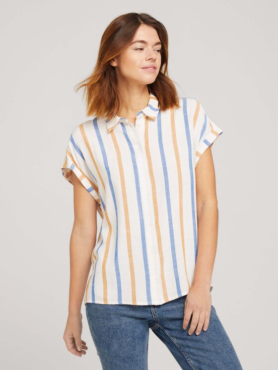 Kurzarm Hemdbluse mit Streifenstruktur - Frauen - creme yellow blue stripe Kurzarm Hemdbluse mit Streifenstruktur - Frauen - creme yellow blue stripe - 1 - TOM TAILOR Denim