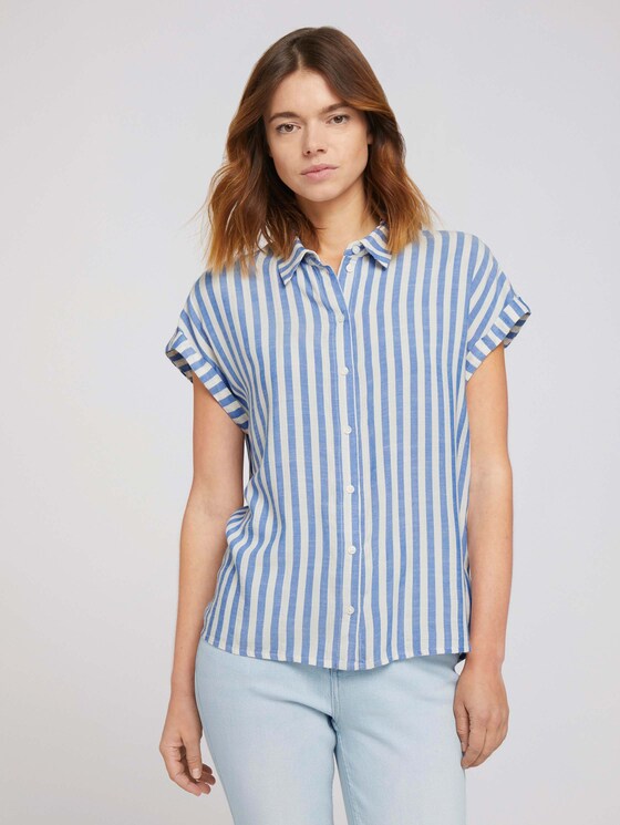 Kurzarm Hemdbluse mit Streifenstruktur - Frauen - mid blue white stripe Kurzarm Hemdbluse mit Streifenstruktur - Frauen - mid blue white stripe - 1 - TOM TAILOR Denim