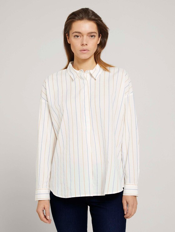 Gestreifte Tunika Bluse mit Bio-Baumwolle - Frauen - small creme blue yellow stripe Gestreifte Tunika Bluse mit Bio-Baumwolle - Frauen - small creme blue yellow stripe - 1 - TOM TAILOR Denim