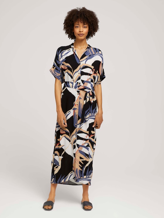 Gemustertes Midikleid mit Kragen - Frauen - sand blue palms design Gemustertes Midikleid mit Kragen - Frauen - sand blue palms design - 1 - Mine to five