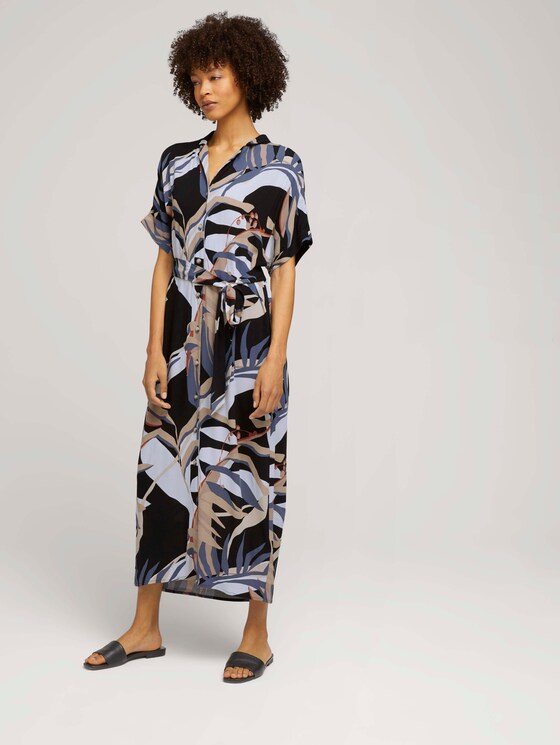 Gemustertes Midikleid mit Kragen - Frauen - sand blue palms design Gemustertes Midikleid mit Kragen - Frauen - sand blue palms design - 3 - Mine to five