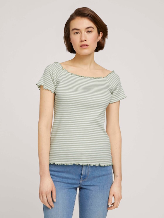 Schulterfreies Carmen T-Shirt mit Streifen - Frauen - green white stripe Schulterfreies Carmen T-Shirt mit Streifen - Frauen - green white stripe - 1 - TOM TAILOR Denim