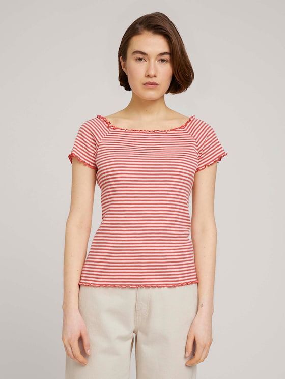Schulterfreies Carmen T-Shirt mit Streifen - Frauen - coral white stripe Schulterfreies Carmen T-Shirt mit Streifen - Frauen - coral white stripe - 1 - TOM TAILOR Denim