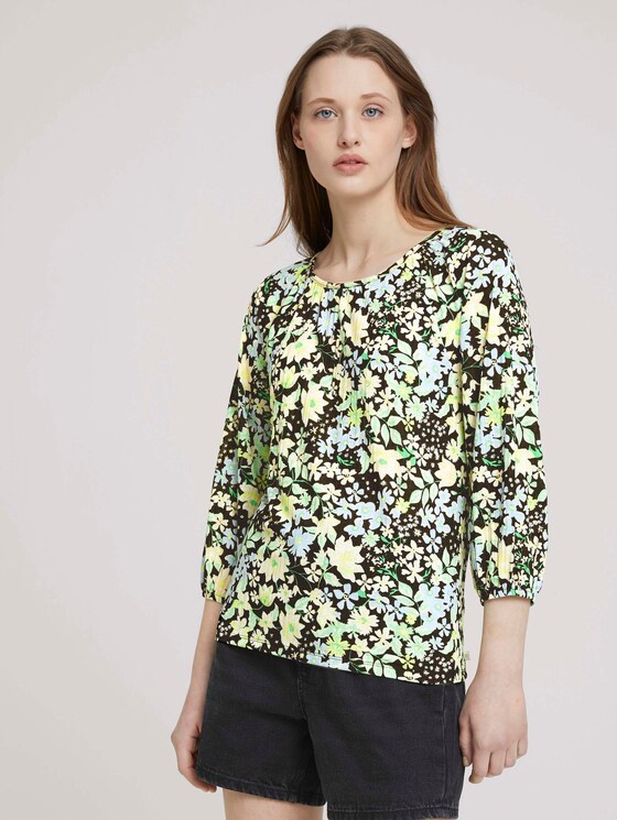 Gemustertes Shirt mit Ballonärmeln und Rippstruktur - Frauen - flower print Gemustertes Shirt mit Ballonärmeln und Rippstruktur - Frauen - flower print - 1 - TOM TAILOR Denim