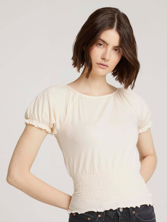 Cropped Carmen T-Shirt mit Raffungen - Frauen - soft creme beige Cropped Carmen T-Shirt mit Raffungen - Frauen - soft creme beige - 1 - TOM TAILOR Denim