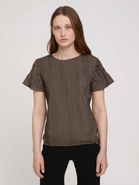 Gestreiftes T-Shirt mit Rüschenärmel - Frauen - black beige structured stripe Gestreiftes T-Shirt mit Rüschenärmel - Frauen - black beige structured stripe - 1 - TOM TAILOR Denim