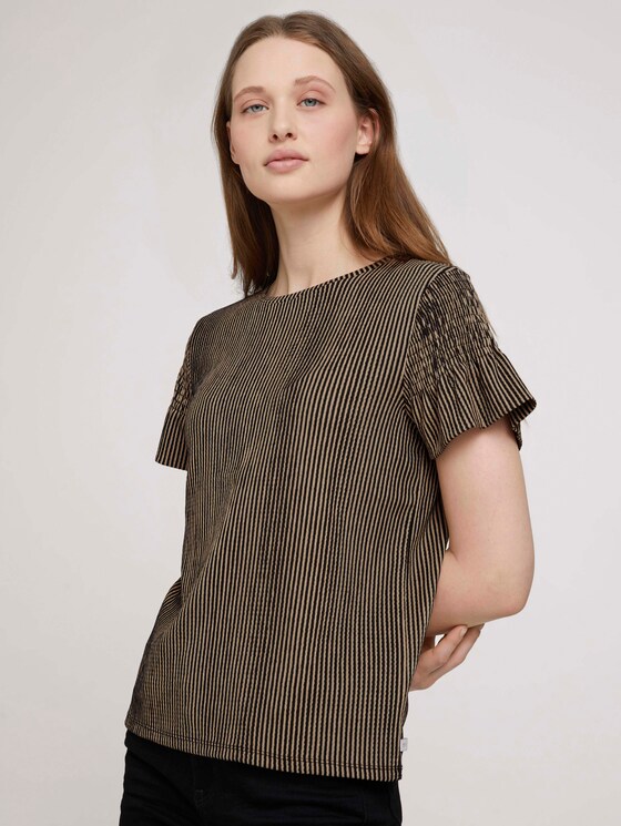 Gestreiftes T-Shirt mit Rüschenärmel - Frauen - black beige structured stripe Gestreiftes T-Shirt mit Rüschenärmel - Frauen - black beige structured stripe - 5 - TOM TAILOR Denim