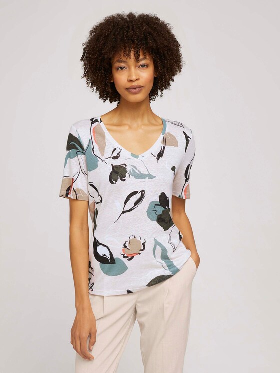 Leinen T-Shirt mit V-Ausschnitt - Frauen - floral design Leinen T-Shirt mit V-Ausschnitt - Frauen - floral design - 1 - Mine to five