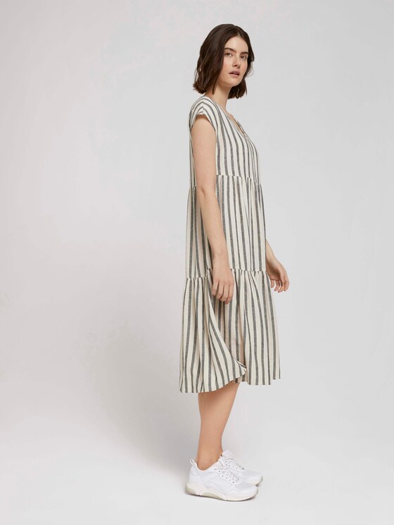 Kurzarm Volant Midikleid mit Leinen - Frauen - black beige stripe Kurzarm Volant Midikleid mit Leinen - Frauen - black beige stripe - 3 - TOM TAILOR Denim