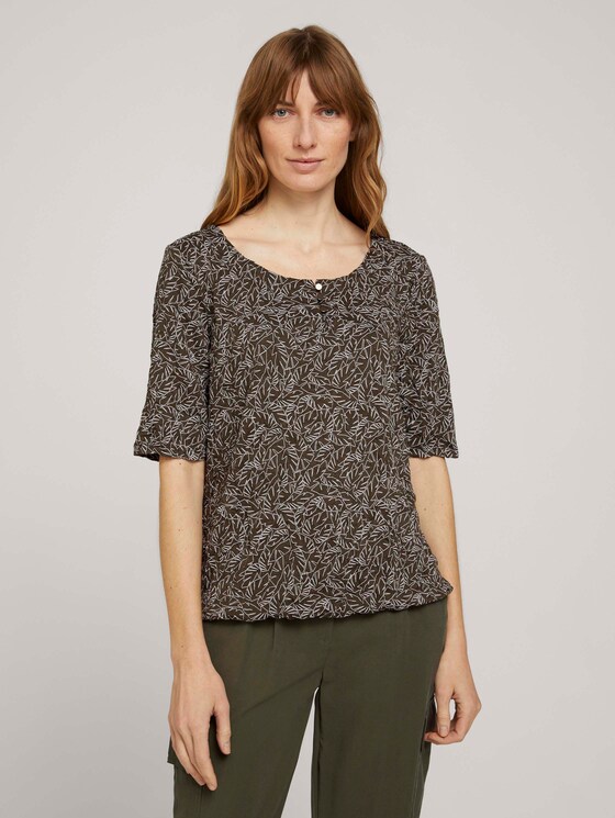 Geknöpftes T-Shirt in Knitteroptik - Frauen - khaki white outline leaves Geknöpftes T-Shirt in Knitteroptik - Frauen - khaki white outline leaves - 1 - TOM TAILOR