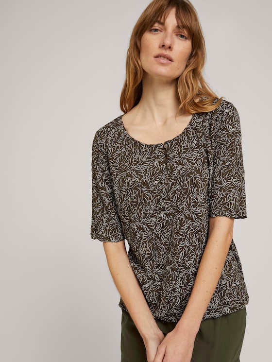 Geknöpftes T-Shirt in Knitteroptik - Frauen - khaki white outline leaves Geknöpftes T-Shirt in Knitteroptik - Frauen - khaki white outline leaves - 5 - TOM TAILOR