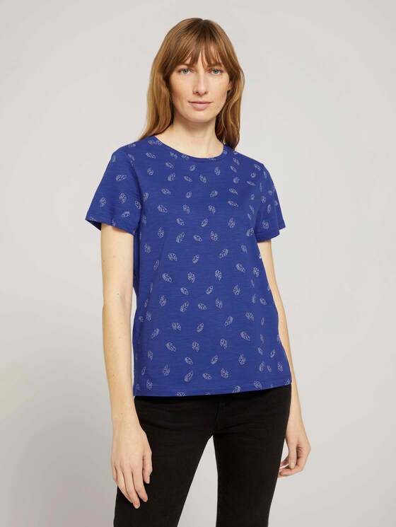 Gemustertes T-Shirt mit Bio-Baumwolle - Frauen - blue white leaves design Gemustertes T-Shirt mit Bio-Baumwolle - Frauen - blue white leaves design - 1 - TOM TAILOR