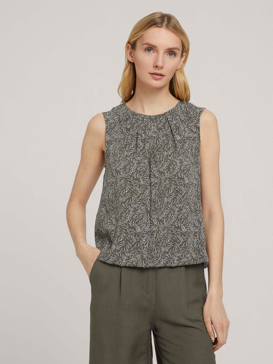 Ärmellose Bluse mit elastischem Bund - Frauen - khaki white outline leaves Ärmellose Bluse mit elastischem Bund - Frauen - khaki white outline leaves - 1 - TOM TAILOR