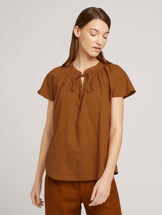 Geraffte Kurzarmbluse mit Leinen - Frauen - Caramel Brown Geraffte Kurzarmbluse mit Leinen - Frauen - Caramel Brown - 1 - TOM TAILOR