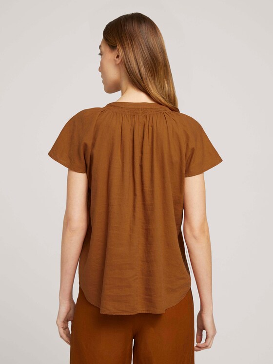 Geraffte Kurzarmbluse mit Leinen - Frauen - Caramel Brown Geraffte Kurzarmbluse mit Leinen - Frauen - Caramel Brown - 2 - TOM TAILOR