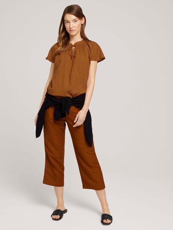 Geraffte Kurzarmbluse mit Leinen - Frauen - Caramel Brown Geraffte Kurzarmbluse mit Leinen - Frauen - Caramel Brown - 3 - TOM TAILOR