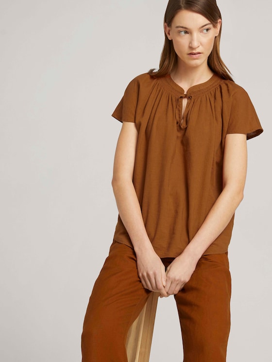 Geraffte Kurzarmbluse mit Leinen - Frauen - Caramel Brown Geraffte Kurzarmbluse mit Leinen - Frauen - Caramel Brown - 5 - TOM TAILOR