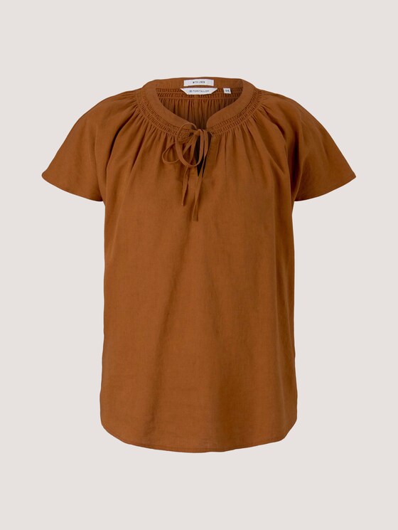 Geraffte Kurzarmbluse mit Leinen - Frauen - Caramel Brown Geraffte Kurzarmbluse mit Leinen - Frauen - Caramel Brown - 7 - TOM TAILOR