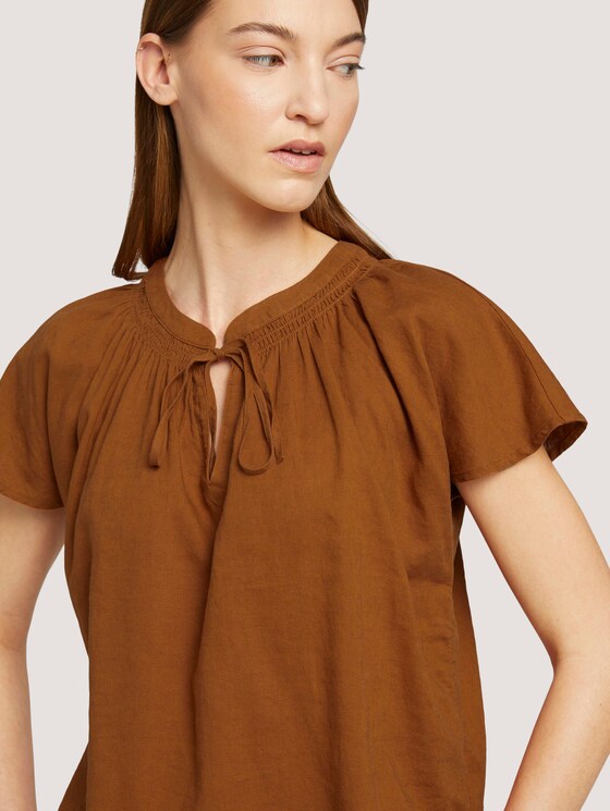 Geraffte Kurzarmbluse mit Leinen - Frauen - Caramel Brown Geraffte Kurzarmbluse mit Leinen - Frauen - Caramel Brown - 9 - TOM TAILOR