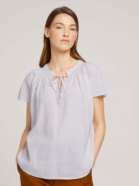 Short-sleeved blouse with linen - Women - offwhite thin stripe woven Short-sleeved blouse with linen - Women - offwhite thin stripe woven - 1 - TOM TAILOR