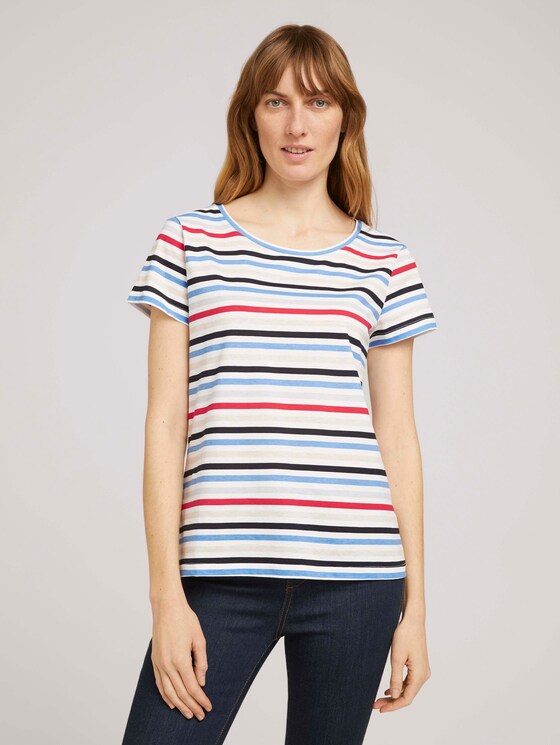 Print T-Shirt mit Bio-Baumwolle - Frauen - navy red multicolor stripe Print T-Shirt mit Bio-Baumwolle - Frauen - navy red multicolor stripe - 1 - TOM TAILOR