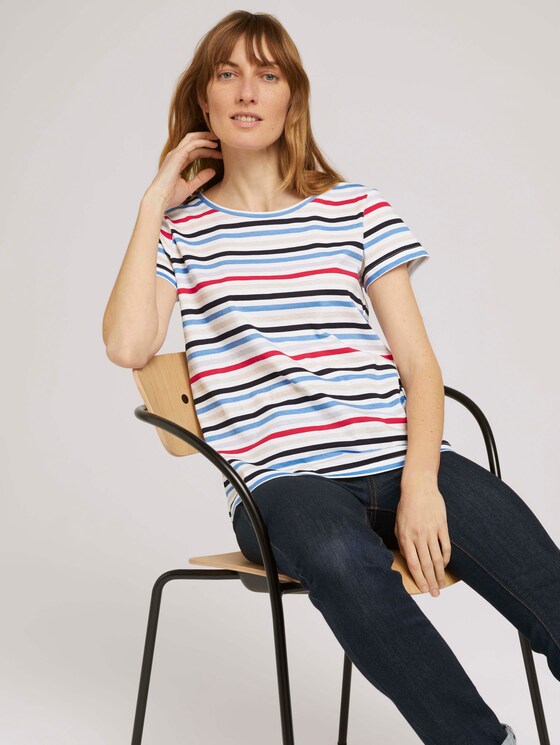 Print T-Shirt mit Bio-Baumwolle - Frauen - navy red multicolor stripe Print T-Shirt mit Bio-Baumwolle - Frauen - navy red multicolor stripe - 5 - TOM TAILOR