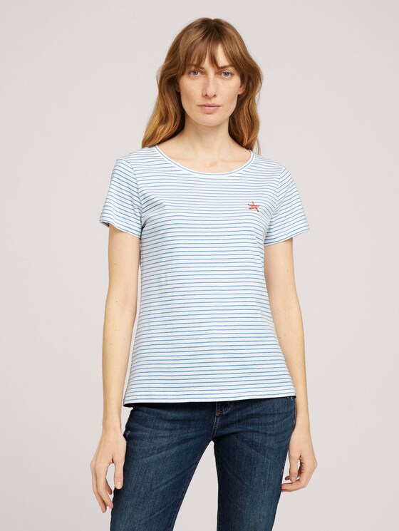 Print T-Shirt mit Bio-Baumwolle - Frauen - offwhite blue stripe Print T-Shirt mit Bio-Baumwolle - Frauen - offwhite blue stripe - 1 - TOM TAILOR