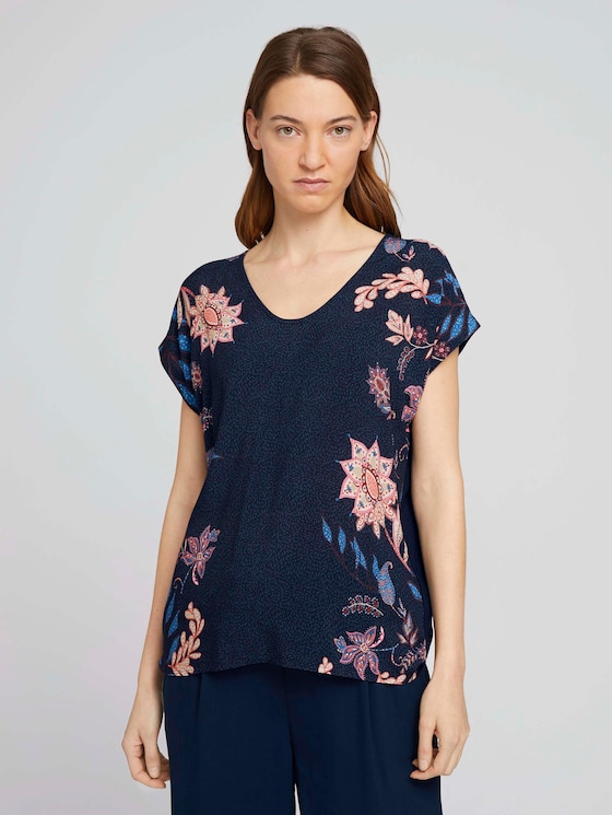 Gemustertes T-Shirt im Materialmix - Frauen - Sky Captain Blue Gemustertes T-Shirt im Materialmix - Frauen - Sky Captain Blue - 1 - TOM TAILOR