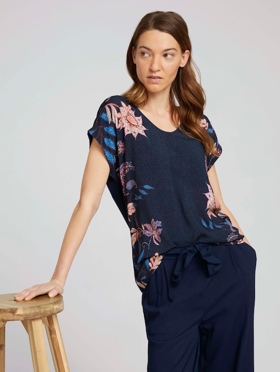 Gemustertes T-Shirt im Materialmix - Frauen - Sky Captain Blue Gemustertes T-Shirt im Materialmix - Frauen - Sky Captain Blue - 5 - TOM TAILOR