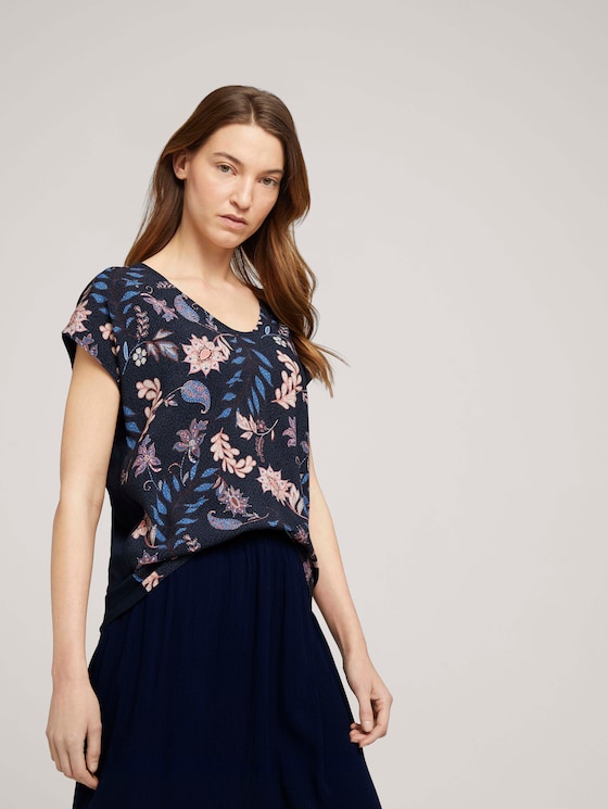 Gemustertes T-Shirt im Materialmix - Frauen - navy floral design Gemustertes T-Shirt im Materialmix - Frauen - navy floral design - 5 - TOM TAILOR