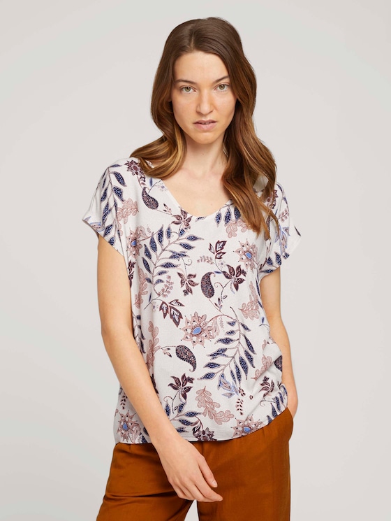 Gemustertes T-Shirt im Materialmix - Frauen - white floral design Gemustertes T-Shirt im Materialmix - Frauen - white floral design - 1 - TOM TAILOR