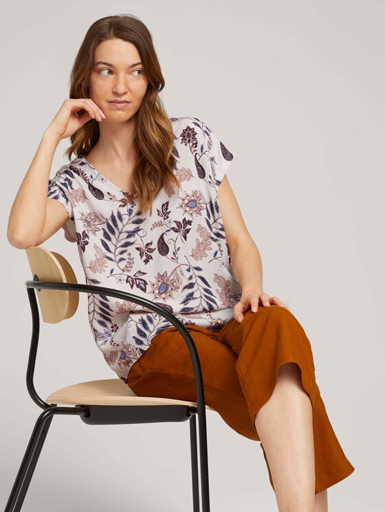 Gemustertes T-Shirt im Materialmix - Frauen - white floral design Gemustertes T-Shirt im Materialmix - Frauen - white floral design - 5 - TOM TAILOR