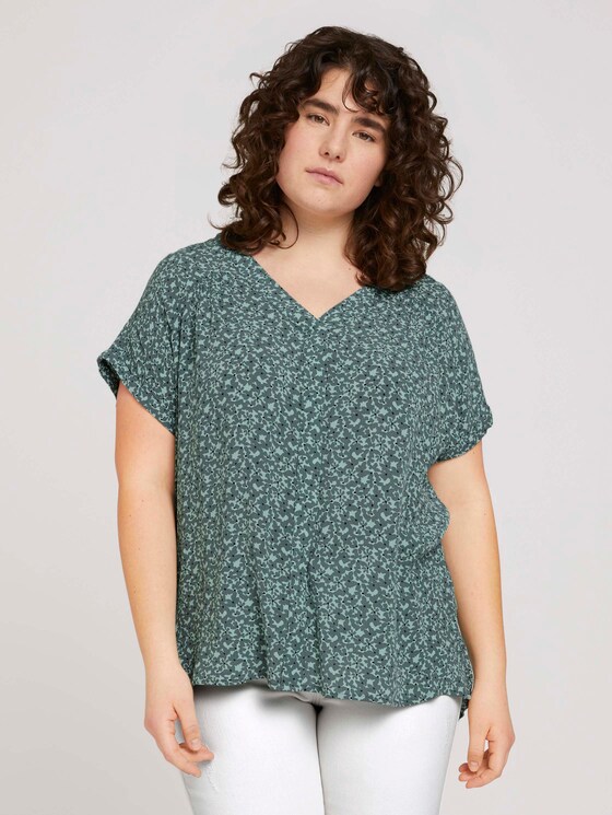 Patterned short-sleeved blouse with texture - Women - mint flowers and dots Patterned short-sleeved blouse with texture - Women - mint flowers and dots - 1 - My True Me