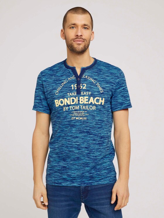 Serafino T-Shirt mit Print - Männer - aqua blue fine spacedye stripe Serafino T-Shirt mit Print - Männer - aqua blue fine spacedye stripe - 1 - TOM TAILOR
