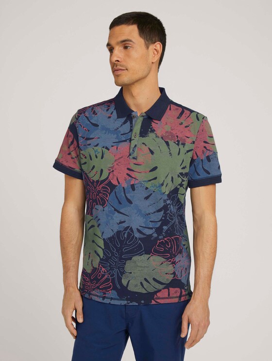 Poloshirt mit floralem Muster und mit Bio-Baumwolle - Männer - dark blue paint leaf design Poloshirt mit floralem Muster und mit Bio-Baumwolle - Männer - dark blue paint leaf design - 1 - TOM TAILOR