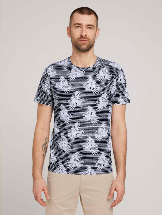 gemustertes T-Shirt mit Bio-Baumwolle - Männer - navy white leaf stripe design gemustertes T-Shirt mit Bio-Baumwolle - Männer - navy white leaf stripe design - 1 - TOM TAILOR