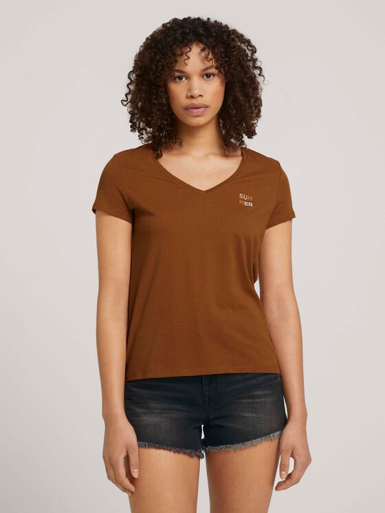 Besticktes T-Shirt mit Bio-Baumwolle - Frauen - amber brown Besticktes T-Shirt mit Bio-Baumwolle - Frauen - amber brown - 1 - TOM TAILOR Denim