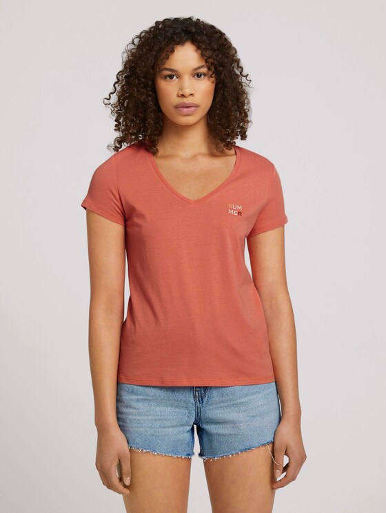 Besticktes T-Shirt mit Bio-Baumwolle - Frauen - sundown coral Besticktes T-Shirt mit Bio-Baumwolle - Frauen - sundown coral - 1 - TOM TAILOR Denim