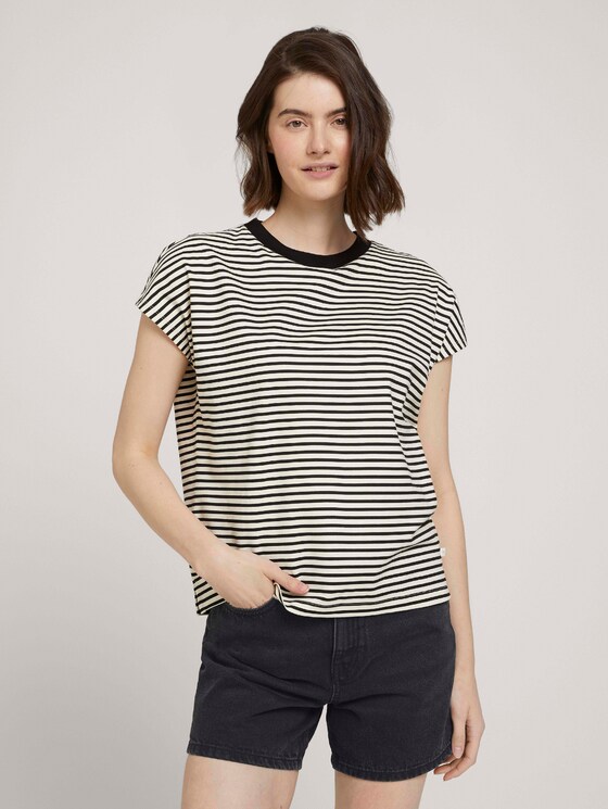 T-Shirt mit Stehkragen - Frauen - cream black stripe T-Shirt mit Stehkragen - Frauen - cream black stripe - 1 - TOM TAILOR Denim