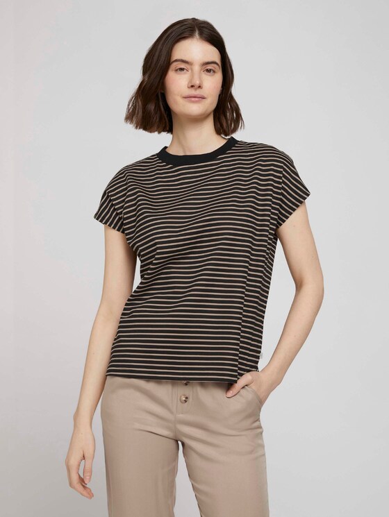 T-Shirt mit Stehkragen - Frauen - black beige stripe T-Shirt mit Stehkragen - Frauen - black beige stripe - 1 - TOM TAILOR Denim