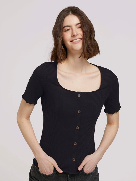 Ripp T-Shirt mit Knopfleiste - Frauen - deep black Ripp T-Shirt mit Knopfleiste - Frauen - deep black - 1 - TOM TAILOR Denim