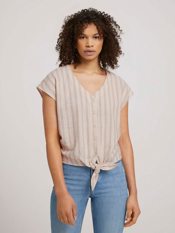 Kurzarmbluse mit Leinen - Frauen - brown beige stripe Kurzarmbluse mit Leinen - Frauen - brown beige stripe - 1 - TOM TAILOR Denim