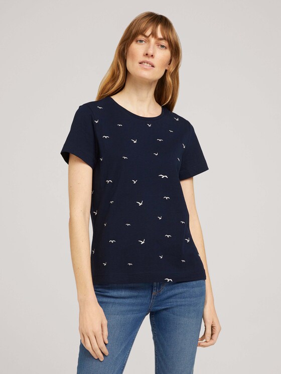 Besticktes T-Shirt mit Bio-Baumwolle - Frauen - navy birds embroidery Besticktes T-Shirt mit Bio-Baumwolle - Frauen - navy birds embroidery - 1 - TOM TAILOR