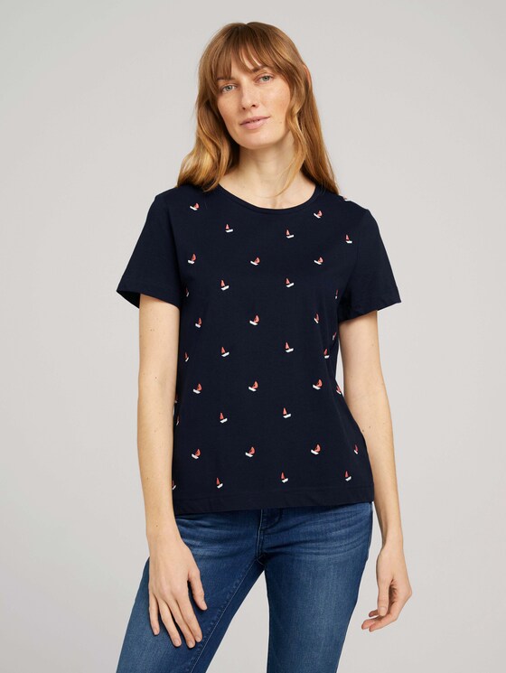 Besticktes T-Shirt mit Bio-Baumwolle - Frauen - navy boats embroidery Besticktes T-Shirt mit Bio-Baumwolle - Frauen - navy boats embroidery - 1 - TOM TAILOR