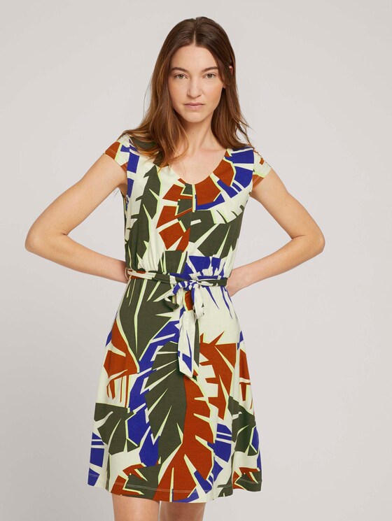 Gemustertes Jerseykleid mit Bindegürtel - Frauen - multicolor botanical design Gemustertes Jerseykleid mit Bindegürtel - Frauen - multicolor botanical design - 1 - TOM TAILOR