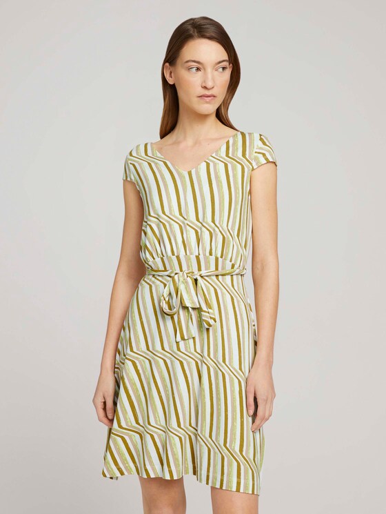 Gemustertes Jerseykleid mit Bindegürtel - Frauen - green watercolor stripe Gemustertes Jerseykleid mit Bindegürtel - Frauen - green watercolor stripe - 1 - TOM TAILOR