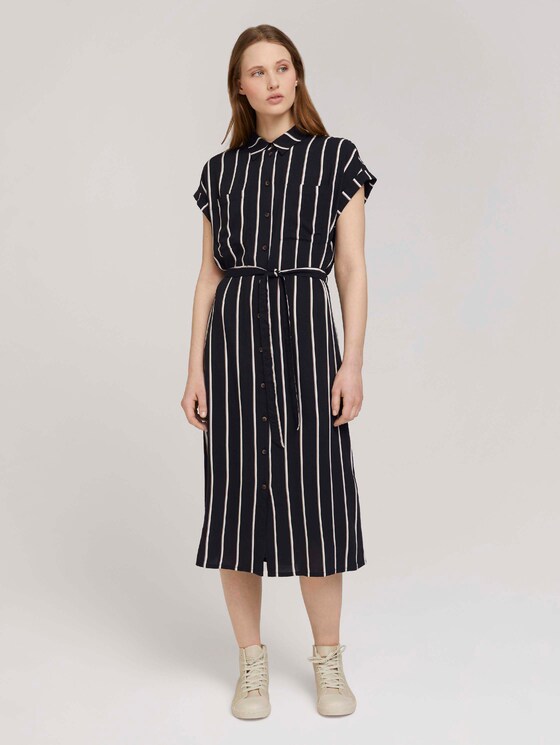 Midi blouse-jurk met ceintuur - Vrouwen - black beige vertical stripe Midi blouse-jurk met ceintuur - Vrouwen - black beige vertical stripe - 1 - TOM TAILOR Denim
