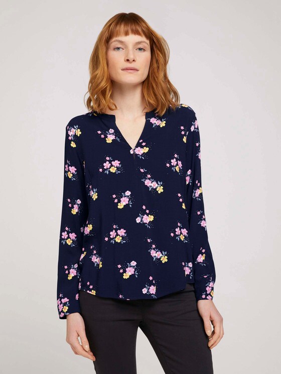 gemusterte Bluse mit Turn-Up Ärmeln - Frauen - navy flower design gemusterte Bluse mit Turn-Up Ärmeln - Frauen - navy flower design - 1 - TOM TAILOR