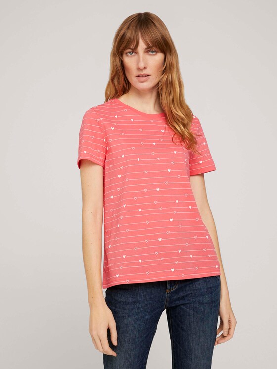 Gemustertes T-Shirt mit Bio-Baumwolle - Frauen - red heart line design Gemustertes T-Shirt mit Bio-Baumwolle - Frauen - red heart line design - 1 - TOM TAILOR