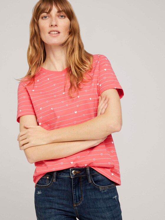 Gemustertes T-Shirt mit Bio-Baumwolle   - Frauen - red heart line design - 5 - TOM TAILOR